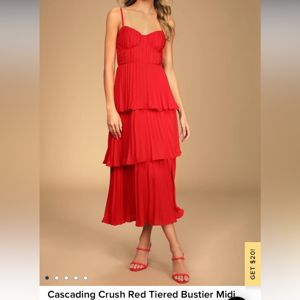 Like new! LULUS Cascading Crush Red Tiered Bustier Midi
Dress size Small